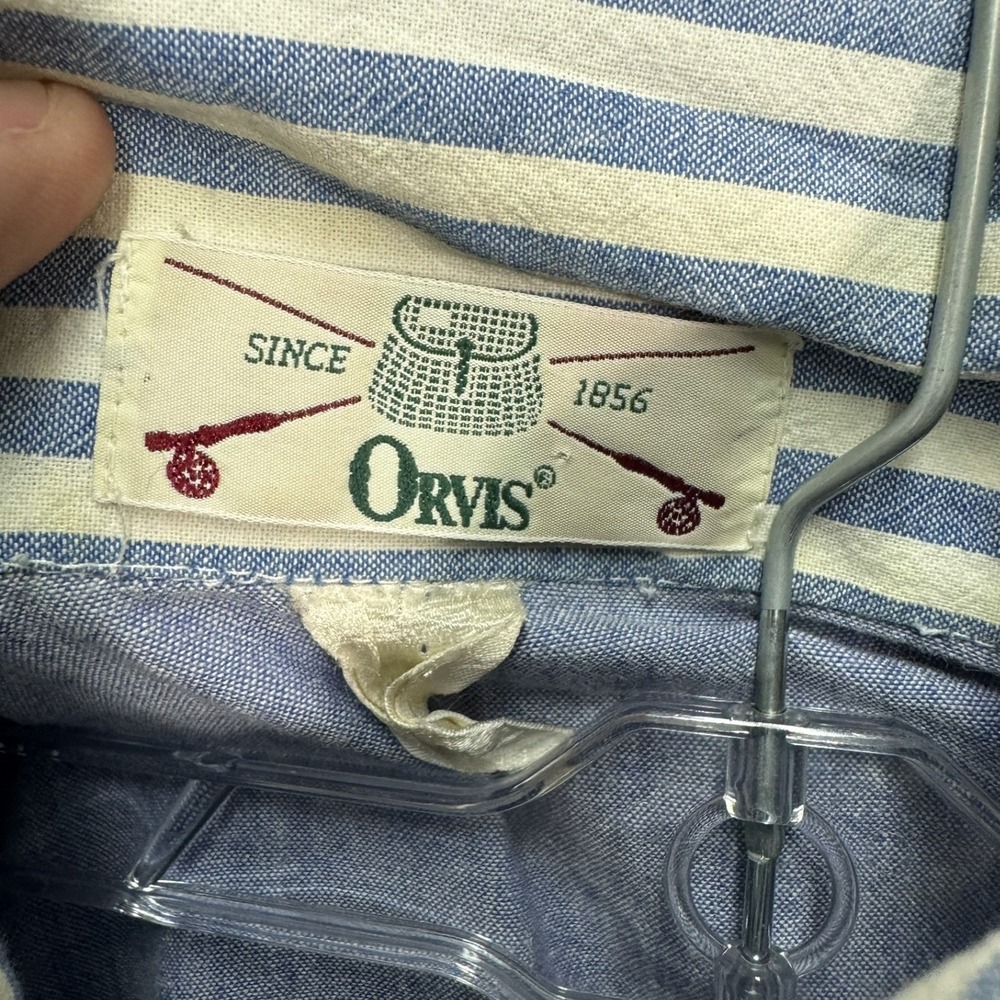 Orvis Men's Size Medium Blue Chambray Pullover Shirt Collared Striped Trim - Picture 4 of 7